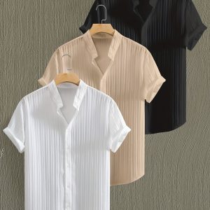 Men's Summer 3pcs Solid Color Short Sleeve Stand Collar Shirt, Breathable Comfort Fabric Button-Up Top, Casual Fashion Versatile Shirts for Casual Attire, Beach Vacation Set of 3