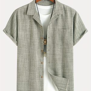 Linen Beach Shirt Casual Linen Fabric Men's Short Sleeve Beach Shirt with Pockets | Cuban Collar Button Top Shir