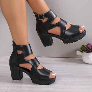 Women's Elegant Thick High Heel Fish Mouth Cut-Out Sandals with Back Zipper Closure - Open Toe Summer Party Shoes in Black Synthetic Cover & Rubber Sole, Durable Footwear Construction