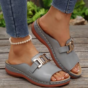 Women'S Elegant High-Heel Sandals - Beige, White, and Brown with Buckle Straps, Flat Heel, Round Toe, Rubber Sole, Synthetic Upper, Summer Fashion, Casual Footwear | Buckle Strap Sandals | Rubber Sole Sandals