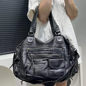 Women's Y2K Retro Soft Synthetic Synthetic Leather Tote Bag - Black Motorcycle Style with Multiple Pockets, Detachable Shoulder Strap & Zipper Closure, Shoulder Tote Bag | Edgy Fashion Accessory | Detachable Strap Bag