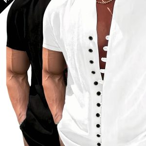 2pcs Men's Casual Short Sleeve Mandarin Collar Shirts - Lightweight Breathable Fabric, Solid Color Button-Up Summer Outdoor Casual Wear, Machine Washable, Versatile Wardrobe, Classic Design, Easy Care, Buttondown Top, Casual Attire