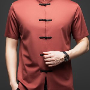 Men'S Casual Black Short Sleeve Shirt with Stand Collar - Elegant Single-Breasted Placket, High Stretch Fabric, Perfect for Summer Weekend Attire, Casual Attire|Elegant Shirt|Stretchy Fabric