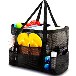 Extra-Large Mesh Beach Tote - Durable PVC, Foldable & Portable for Pool, Boat Trips, Toys & Vacation Essentials - Black