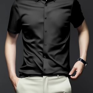 Solid Formal Shirt Mature Men's Solid Formal Short Sleeve Button Up Shirt - Summer Business Top
