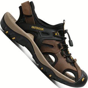 Men'S Premium Leather Sandals - Closed Toe Fisherman Style, Blacku002FBrownu002FGray, Summer Flip Flops & Hiking Shoes with Elastic Strap, Rubber Sole, and Comfortable Fabric Lining for Casual Outdoor Wear