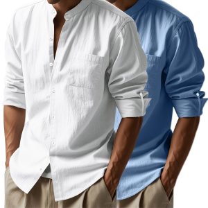 Two-Pack Springu002FAutumn Linen Shirt with Long Sleeves, Stand Collar, Breathable Casual Pocket Shirt for Men