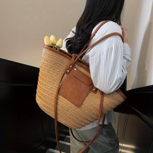 Large Woven Straw Tote Bag - Vintage Style, Single Shoulder Strap, Zipper Closure, Beach Vacation Travel Handbag, White with Brown Accents, Spacious Design for Women, Versatile Shoulder Bag | Vintage Style Bag | Paper Woven Ba