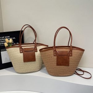 A Stylish And Casual New Large-Capacity Vacation-Style Solid Color Straw Woven Multifunctional Women'S Beach Bag, Perfect for Holiday Travel, Outdoor Leisure Shopping, And Fashionable Outfit Coordination.
