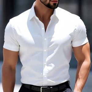 Men's Solid Color Short Sleeve Shirt with Lapel, Buttoned, Open Front, Slim Fit for Business Casual Summer Outings
