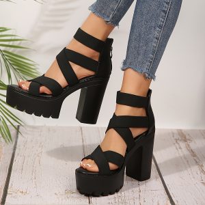 Summer 2025 Fashion Ultra High Block Heel Sandals for Women, Sexy Solid Color Open Toe, Fabric Upper with Rubber Sole, with Zipper Closure for Summer