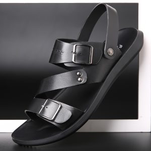 Men's Slip-Resistant Sandals - Slip-On Closure, Cushioned PU Insole - All-Purpose Beach, Office, Everyday Shoes - Lightweight & Durable PU Construction - Minimalist Black Sandals for Men, Beach Footwear, Sleek Design, Metal Buckle Closure
