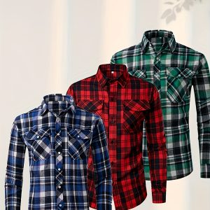 3pcs Men'S Plaid Button-Up Shirts with Chest Pockets - Long Sleeve, Collared Neck, Casual Streetwear for Daily & Vacation Wear, Red, Blue, Black Color Trio Pack, Comfortable Fit for All Seasons, Casual Wear | Stylish Plaid Pattern | Buttonup Collar