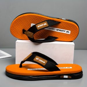 YINGKIY Men's Flip-Flops - Comfortable, Non-Slip Thick Sole Summer Sandals, Casual Slip-On Beach Wear with EVA Insole and Durable PVC Outsole, Black with Orange Accents, Beach Shoes