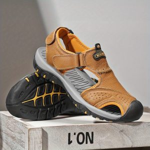 Men'S Premium Synthetic Leather Sandals - Closed Toe, Elastic Strap, Rubber Sole, Breathable Fabric Lining for Outdoor Hiking & Casual Wear, Black & Yellow Design, Hiking Sandals, Beach Footwear, Stylish Footwear, Comfortable Fit