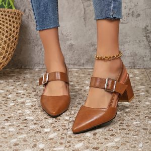 Women'S Black Pointed Toe Block Heel Sandals, Solid Color Slip-On Comfort High Heels, Faux Sole, Man-Made Materials, All-Season Fall Footwear