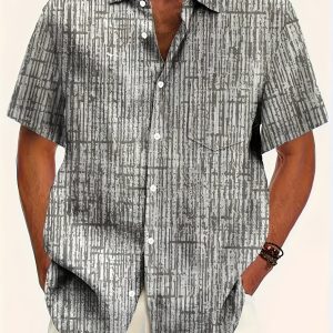 Men'S Casual Summer Short Sleeve Button-Up Shirt - Black & White Striped Print, Collared Design, Lightweight Polyester Fabric, Perfect for Casual Attire, Short Sleeve Blouses