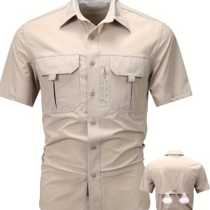 Breathable Nylon Cargo Shirt Summer Casual Cargo Shirt - Breathable Stretch Fabric, Big-tall Fit, with Flap Pockets - Men's Nylon 92% Spandex 8% Blend Short Sleeve Lapel Collar Single Breasted Solid Color Outdoor Activities - 120gu002Fm Woven