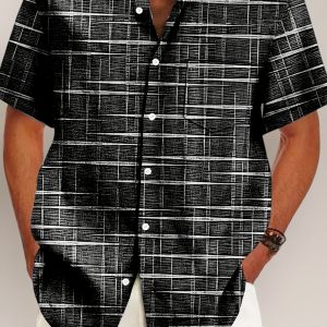Men'S Short-Sleeve Shirt with a Retro Geometric Texture And 3D Digital Print, Featuring Buttoned Pockets.