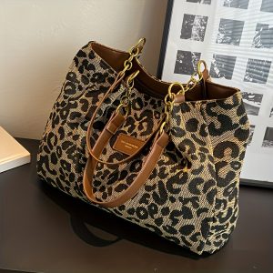 Chic Leopard Print Canvas Tote Bag for Women - Casual Shoulder Handbag with Dual Handles, Perfect for Daily Commute & Fashion Outings