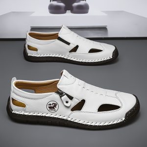 Men'S Retro Casual Sandals with Adjustable Hook-and-Loop Closure - Breathable Microfiber Synthetic, Soft Fabric Lining, Rubber Sole - White & Brown Color Options for Casual Attire, Strappy Sandals