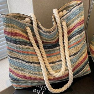 1pc Handmade Nylon Woven Rattan Straw Tote Bag for Women - Rainbow Color Large Beach Bag with Zipper Closure, Durable Summer Casual Outing Purse, Vacation Accessory, Boho Chic, Sturdy Handles, Boho Lovers