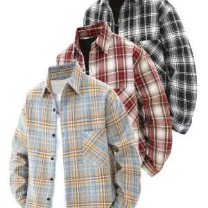3pcs Plaid Shirt Jacket 3pcs Men's Casual Plaid Shirt Jacket Set | Springu002FFall Lapel Collar, Non-Stretch Fabric, Loose Fit, Versatile Outdoor & Casual Attire
