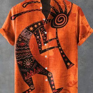 Retro Summer Shirt Lightweight Breathable Men's Retro Orange Tribal Print Short Sleeve Shirt | Stand-Up Collar & Exquisite Buttons, Machine Washable Casual Summer Shirt for Beach Outings & Festivals