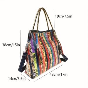 Fashion Serpentine Bag Spliced Bright Leather Stripe Color Tassel Bag Leather Women One Shoulder Shoulder Satchel Bag