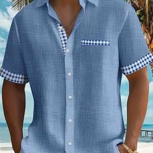 Summer Shirt Lightweight Breathable Men's Casual Checkered Print Short Sleeve Shirt | Classic Point Collar & Chest Pocket, Machine Washable Summer Beach Vacation & Casual Outing Shirt, Beach T Shirt, Nonelastic Fabric