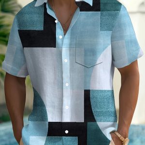 Men's Retro Geometric 3D Print Short Sleeve Shirt - Summer Casual Button-Up with Chest Pocket, Machine Washable Lightweight Fabric, Regular Fit for Outdoor & Leisure