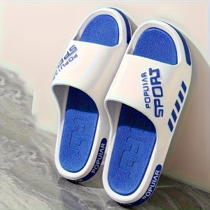 Men's Summer Indoor Slippers with Thick Anti-Slip Soles & Cushioned EVA Insole - Soft Comfortable PVC Bathroom House Shoes for Home, White & Blue Design, Casual Footwear | Textured Grip Sole, House Slippers