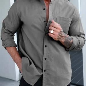 Men'S Casual Long Sleeve Button-Up Shirt - Light Green, Soft & Breathable Non-Stretch Fabric, Regular Fit with Chest Pockets - Perfect for Spring & Fall, Ideal for Professional or Everyday Wea