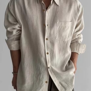 Loose Fit Linen-Blend Men's Casual Long Sleeve Shirt with Chest Pocket - Solid Color, Perfect for Fallu002FWinter