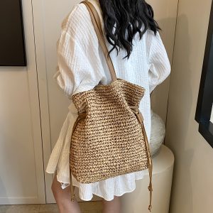 Large Woven Straw Tote Bag for Women - Spacious Beach Shoulder Bag with Magnetic Closure, Perfect for Vacation, Travel & Casual Outings - Khaki Color, Casual Carryall | Natural Style Bag | Magnetic Closure Bag, Beach Bag