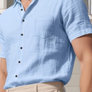Men'S Lightweight Linen Button-Up Short Sleeve Shirt - Breathable, Casual Summer Wear with Chest Pocket, Perfect for Vacation and Leisure, Leisure Clothing | Relaxed Fit Shirt | Subtle Sheen Finis