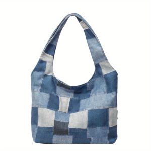 Colorblock Plaid Compartment Bag Lightweight Canvas Women'S Tote Bag Roomy Commuter Laptop Bag Simple Large Shopping Tote Daily Commuter Bag