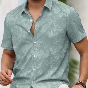 Men's Casual Short Sleeve Shirt with Tropical Leaf Print - Lightweight Breathable Fabric, Machine Washable, Regular Fit for Summer Beach Outings & Casual Wear - JCY6423