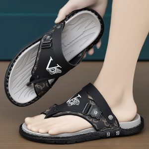 2025 New Men's Dual-Purpose Driving & Beach Sandals - Slip-On Sporty Flip-Flops with PUu002FRubber Sole, Breathable Upper & Toe Strap, All-Season Casual Shoes for Outdoor, Walking, and Daily Wear, Beach Shoes, Leopard Print Design, Antislip Sole