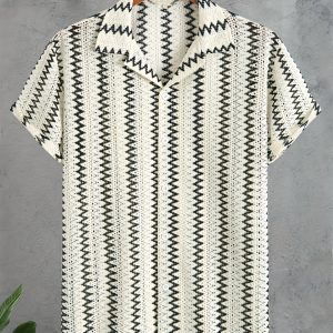 Men's Cuban Collar Fashion Short Sleeve Shirt, Color Block Jacquard Hollow Water Ripple Stripe Design, Comfortable Breathable Fabric, Perfect for Summer Beach Outings and Versatile Styling
