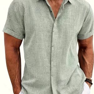 Men'S Double Front Hemp Cardigan Short Sleeve High Quality Shirt Summer Home Short Sleeve Lapel Shirt